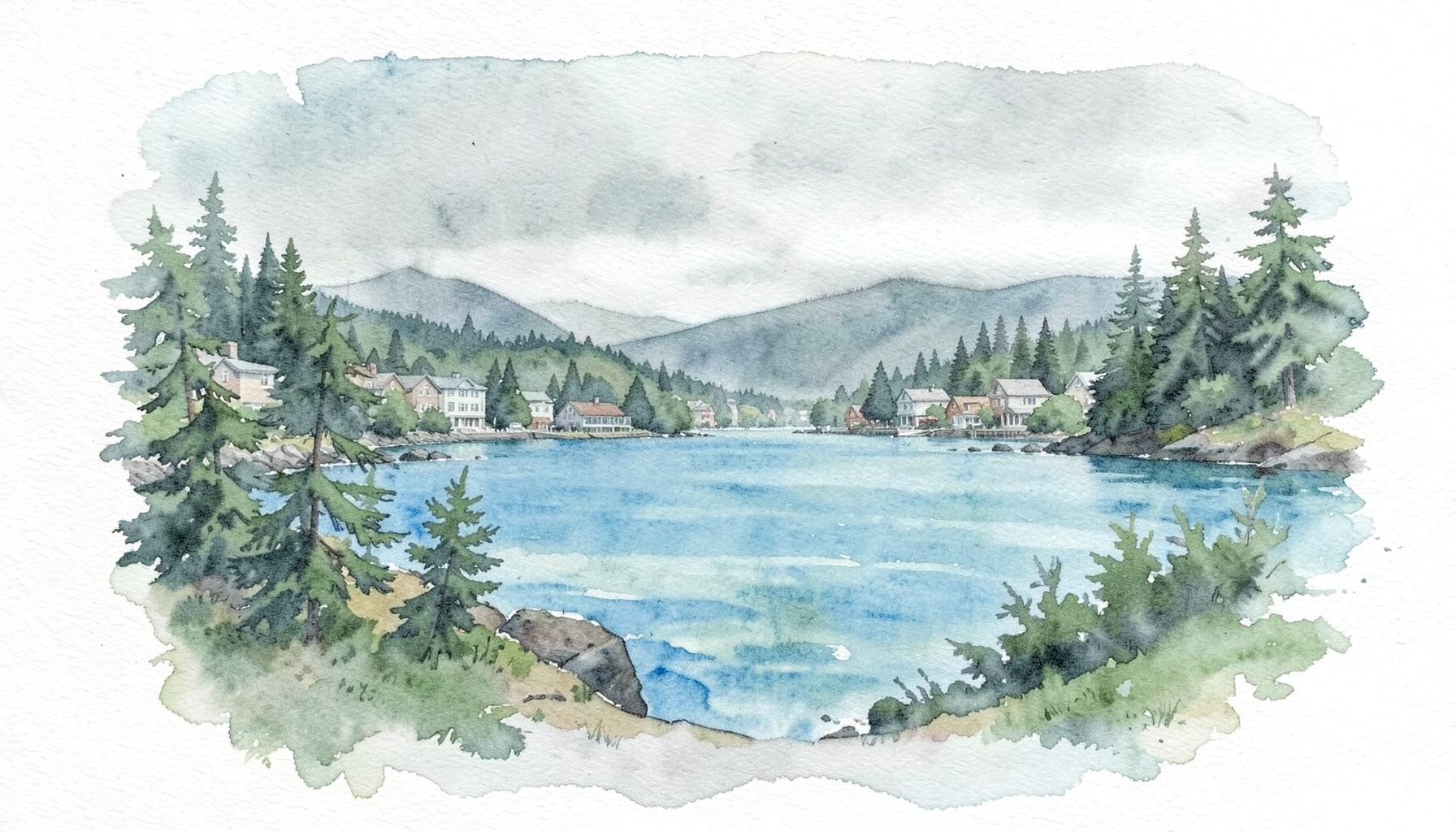 A soft watercolour painting of a Pacific Northwest coastal town with evergreen trees, calm water, and overcast skies in muted greens and slate blues.