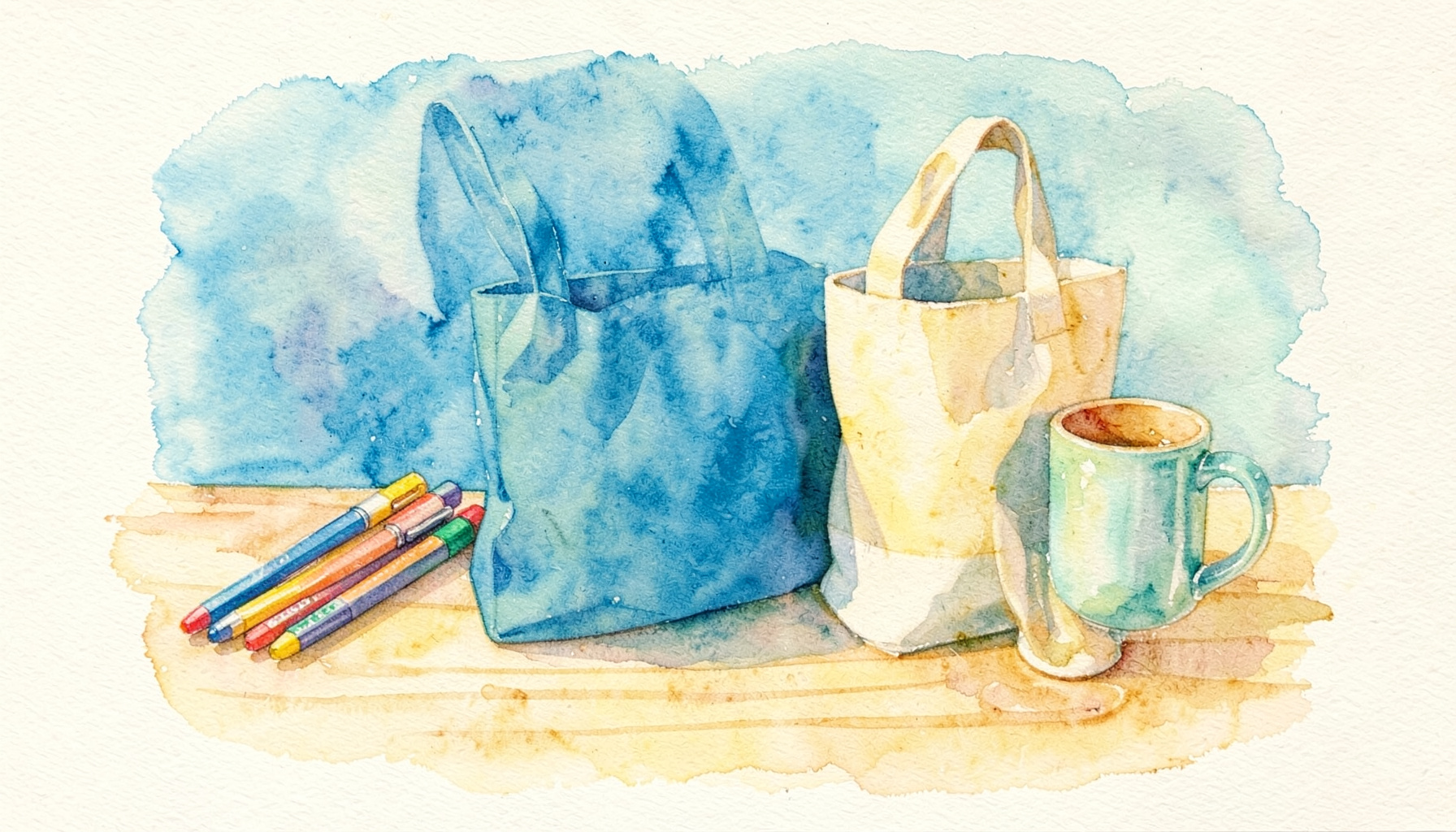 A soft watercolour painting of colorful promotional items — pens, tote bags, and mugs — arranged neatly on a light wooden surface, with warm golden and teal tones against a cream background.