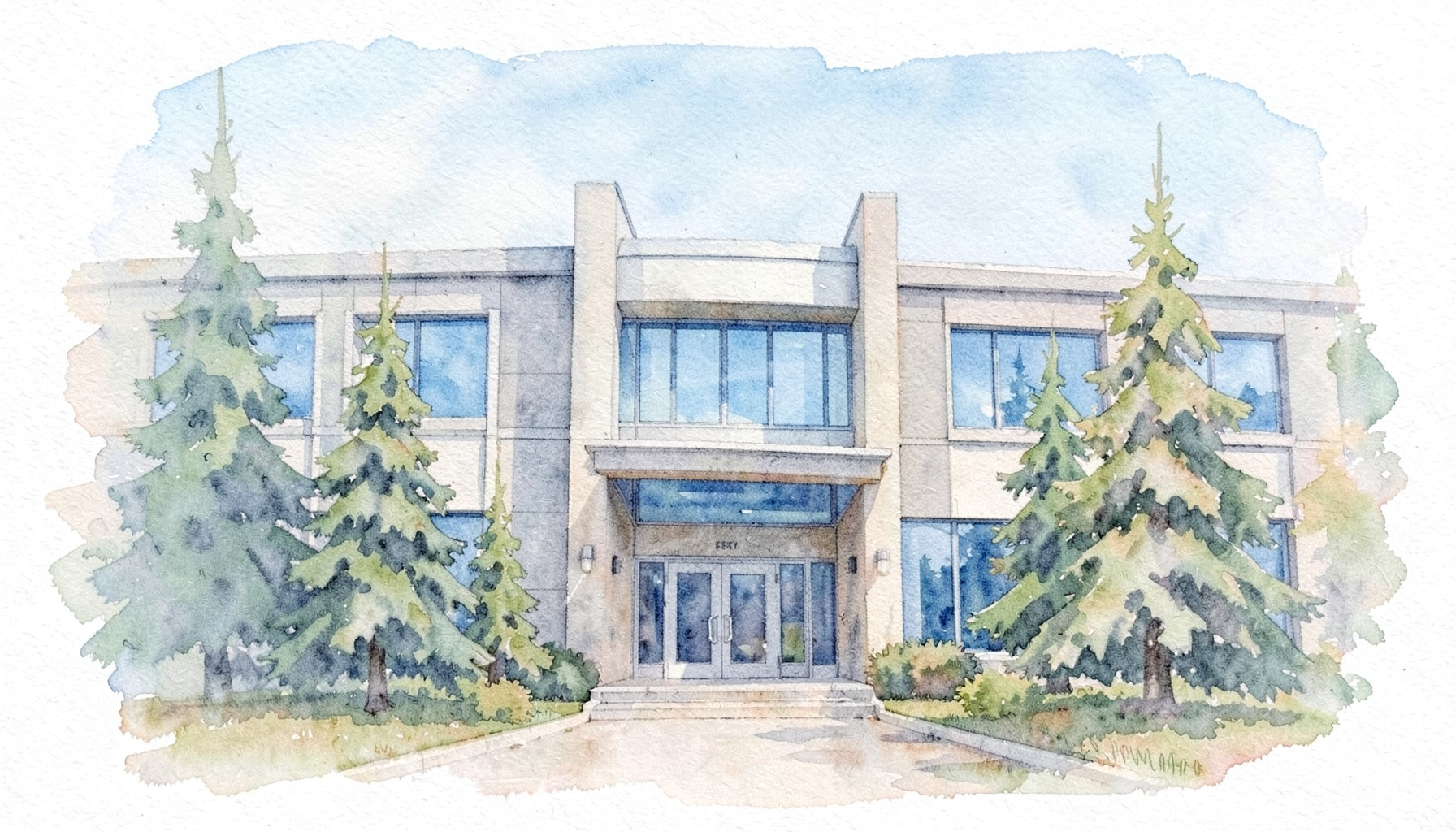 A soft watercolour painting of a modern office building exterior in muted blues and warm grays, with a welcoming entrance framed by Pacific Northwest evergreens under a pale sky.