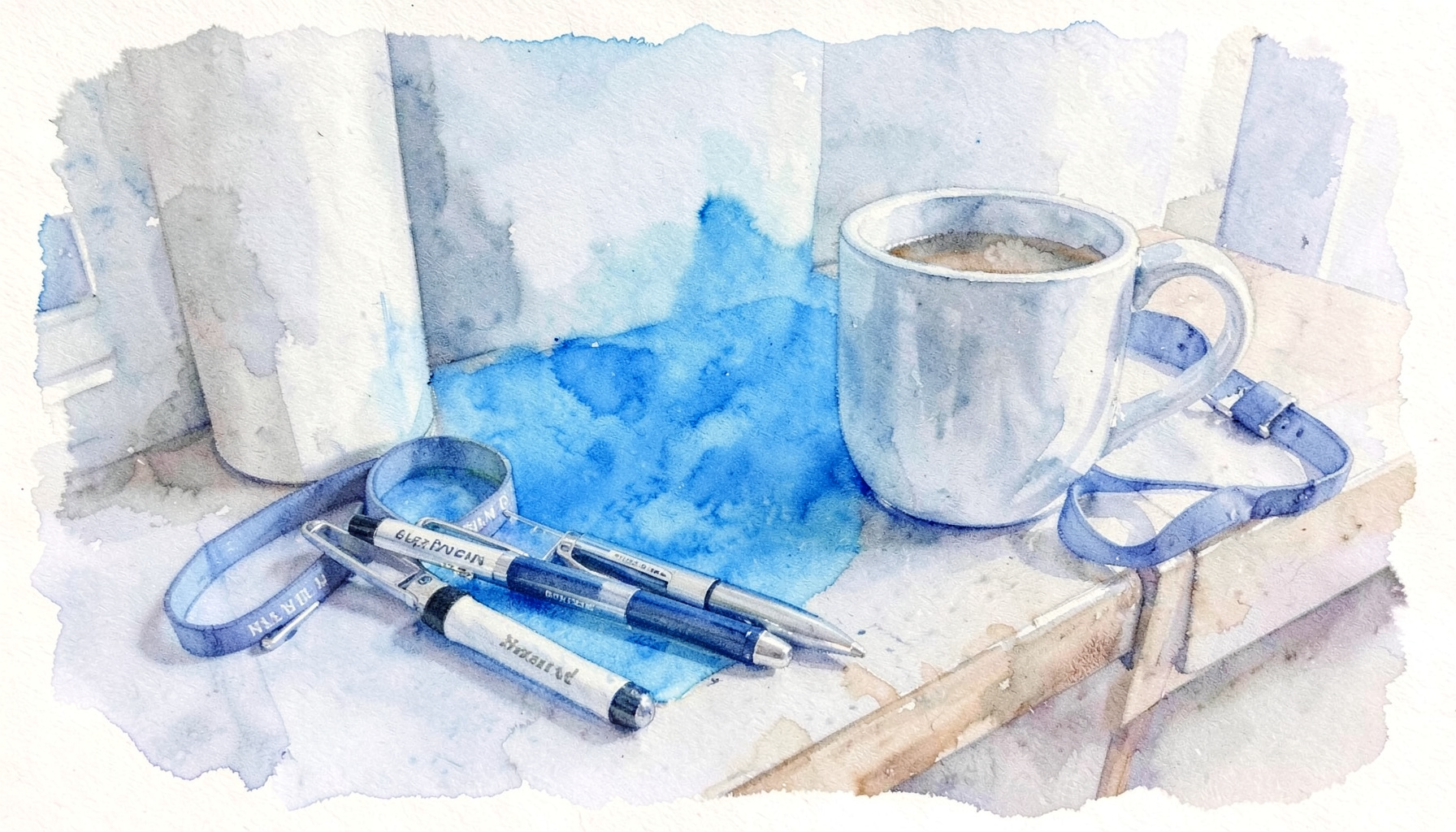 A soft watercolour painting of branded pens, mugs, and lanyards grouped on a desk, with soft blue and grey tones.
