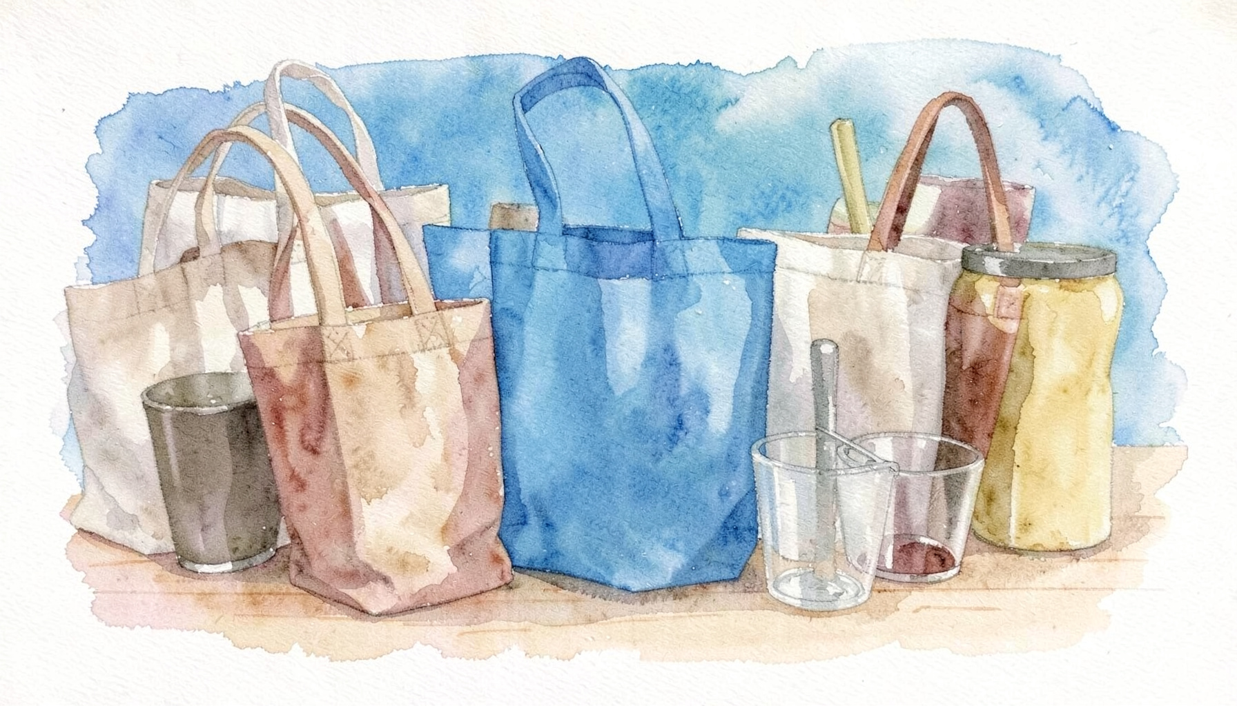 A soft watercolour painting of a collection of promotional tote bags and drinkware in varied earthy tones, arranged neatly on a light wooden surface.