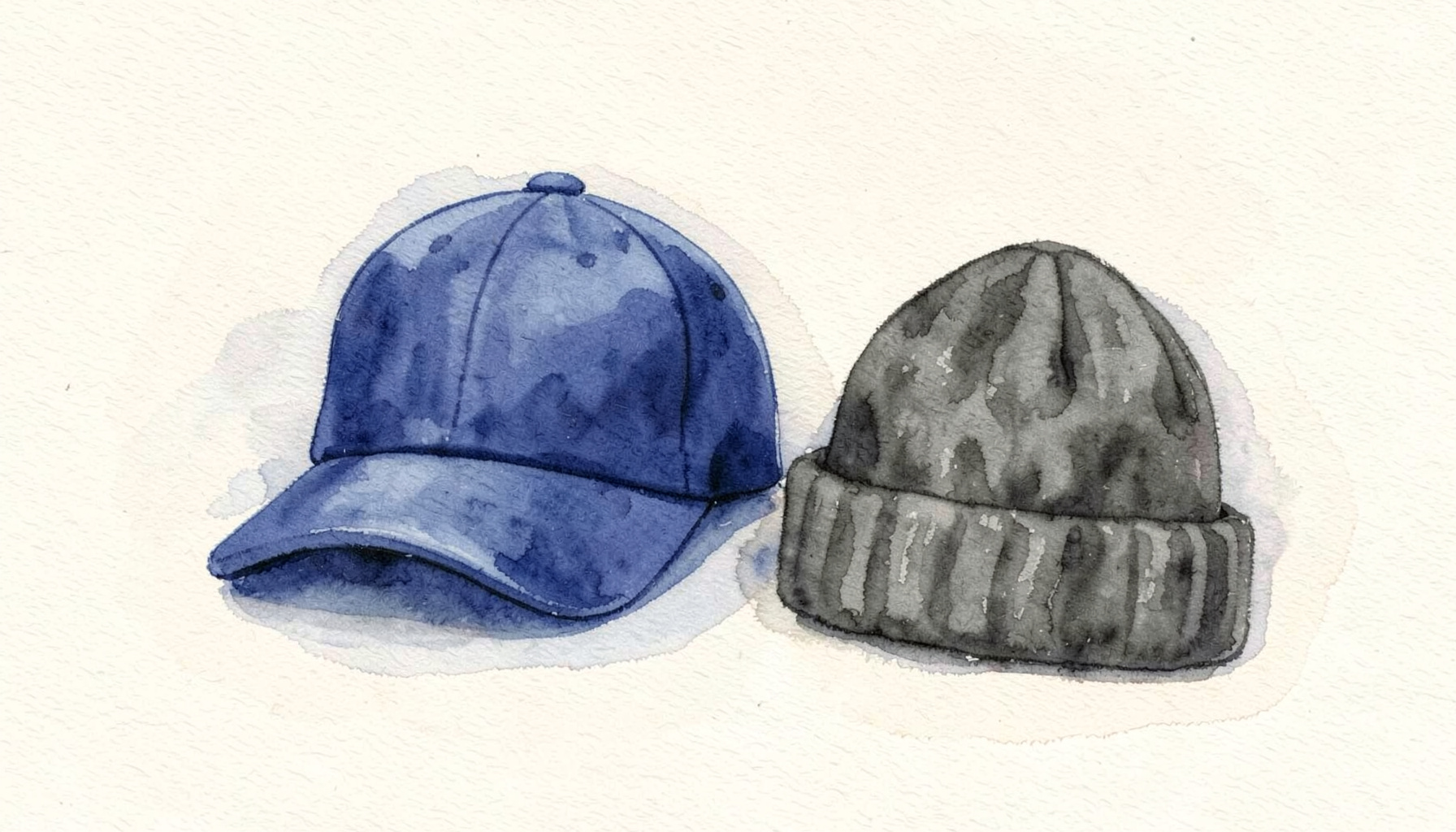 A soft watercolour painting of a navy baseball cap and a charcoal beanie resting side by side on a pale cream background, with gentle shadows and a calm, understated mood.
