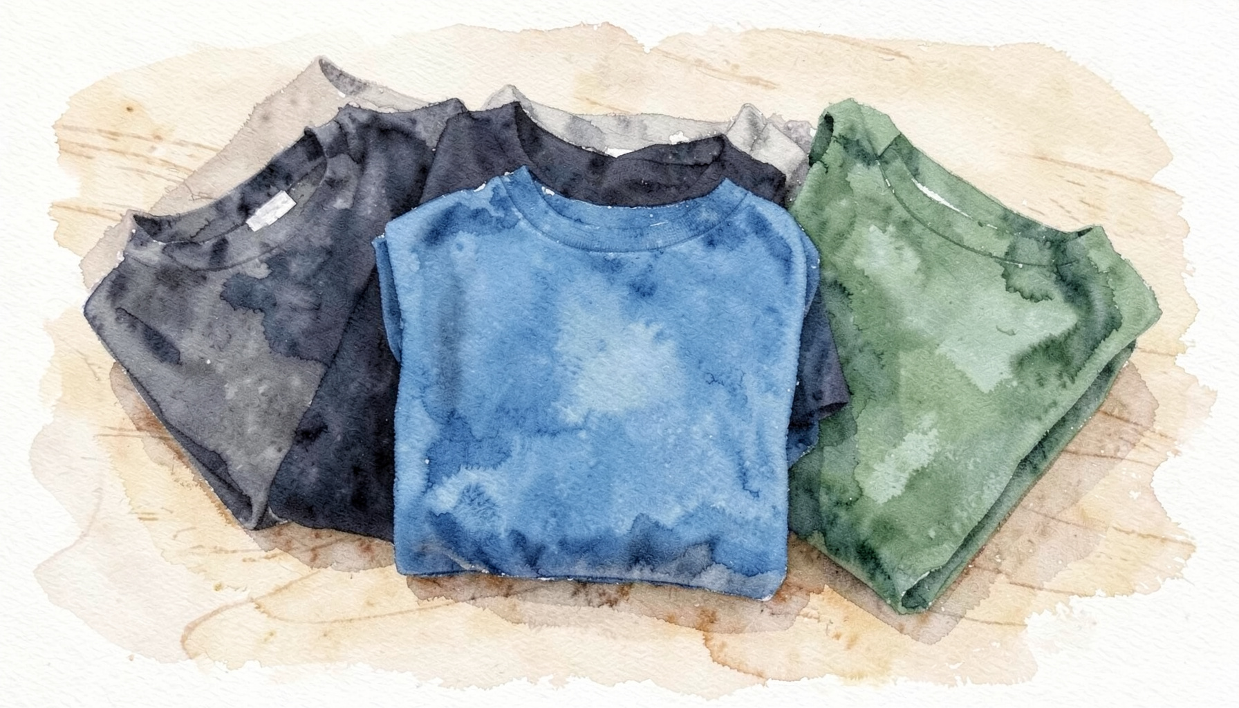 A soft watercolour painting of folded t-shirts in varied muted tones of navy, heather grey, and forest green, resting on a light wooden surface with a gentle, airy feel.