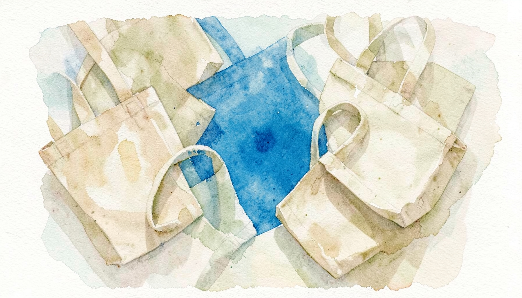 A soft watercolour painting of canvas tote bags in warm beige and olive tones, loosely arranged with gentle shadows on a pale surface.