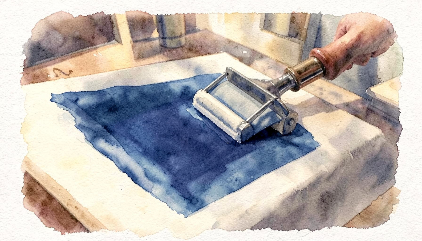 A soft watercolour painting of a screen printing squeegee pulling ink across fabric in muted navy and cream tones, with warm workshop light.