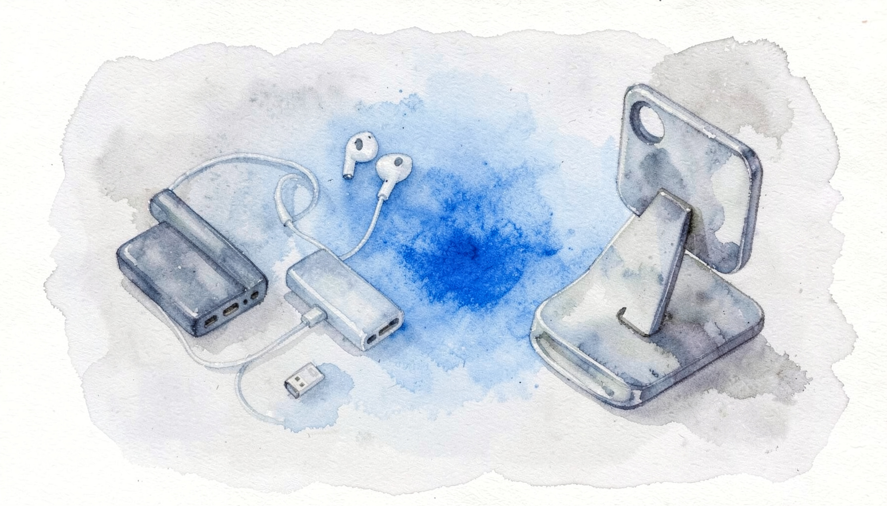 A soft watercolour painting of assorted tech accessories arranged on a light surface — a power bank, earbuds, a USB flash drive, and a phone stand in muted blues, silvers, and charcoal tones against a pale grey wash background.