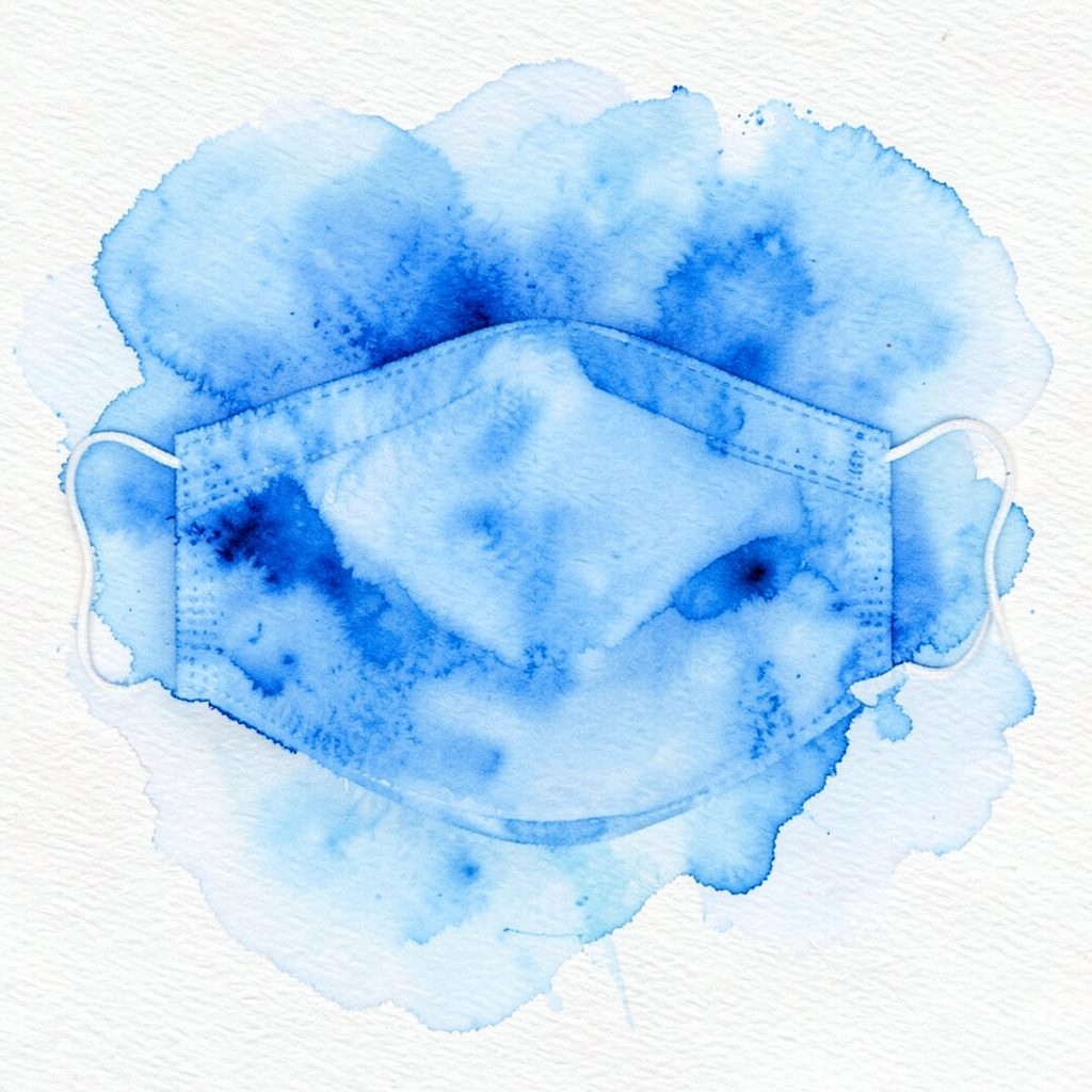 Soft watercolour illustration in cobalt blue and white tones showing folded shirts and a tote bag arranged neatly, evoking a calm, organized promotional-products display